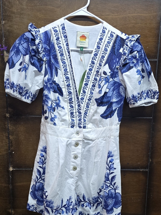 Other - Romper Farm Rio White with Blue Floral Embroidery Xs